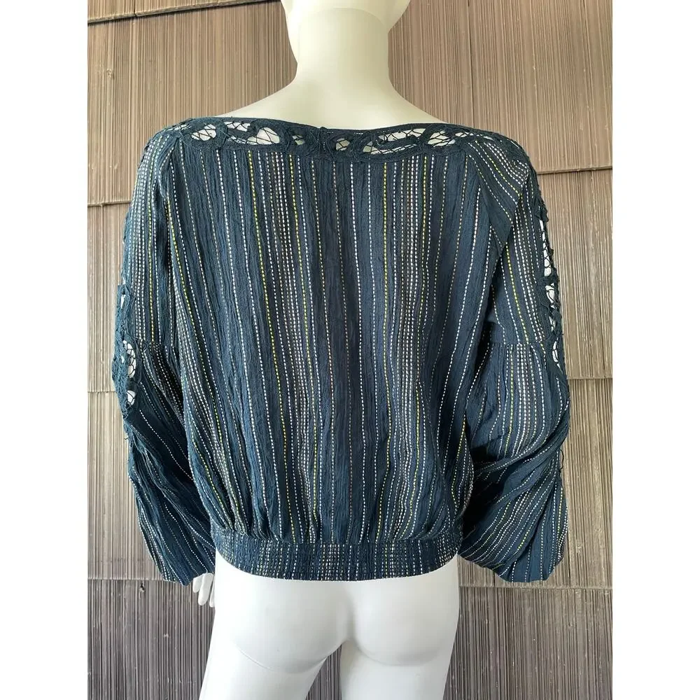 🔥Free People Floating Memories Navy Blouse Lace Panel Balloon Sleeves Boho M